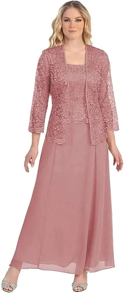 Women's Lace Mother of The Bride Dresses with Jacket 3/4 Sleeve Chiffon Long Formal Dresses Evening Gowns