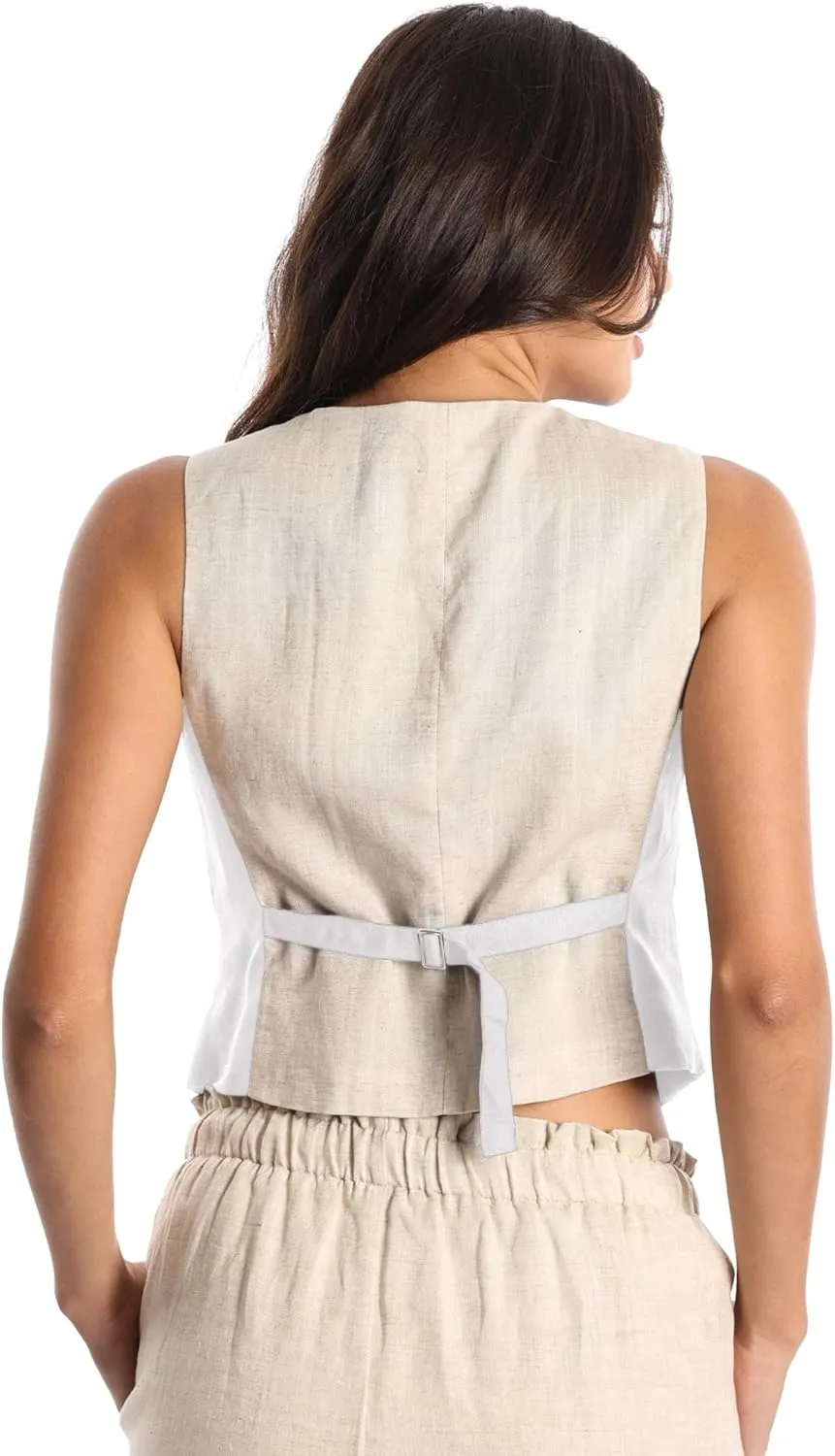 Womens Linen Blend Cropped Vest Sleeveless V Neck Two-Tone Button Down Waistcoat Vest