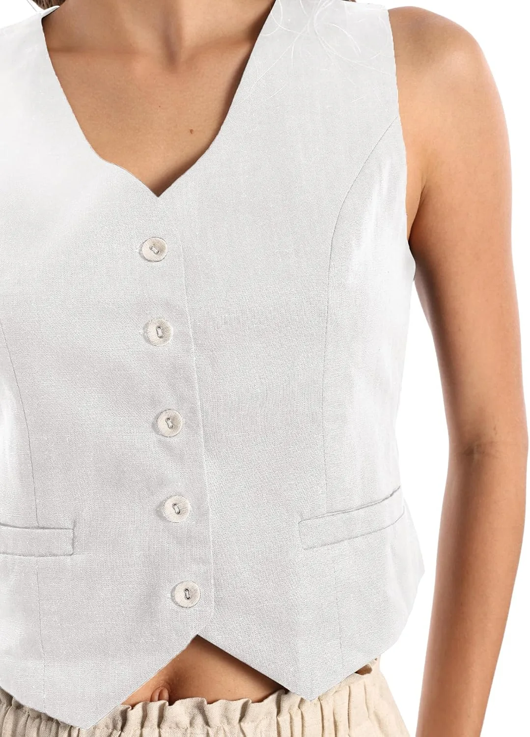 Womens Linen Blend Cropped Vest Sleeveless V Neck Two-Tone Button Down Waistcoat Vest