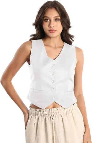 Womens Linen Blend Cropped Vest Sleeveless V Neck Two-Tone Button Down Waistcoat Vest