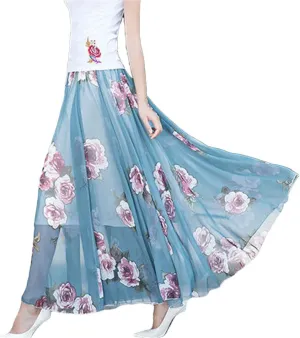 Women's Long Boho Skirts Summer Beach Floral Chiffon Skirt Vintage A-Line Maxi Pleated Skirt Plus Size