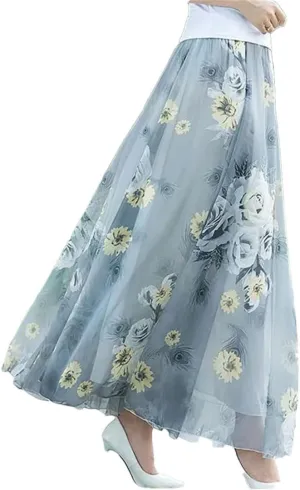 Women's Long Boho Skirts Summer Beach Floral Chiffon Skirt Vintage A-Line Maxi Pleated Skirt Plus Size
