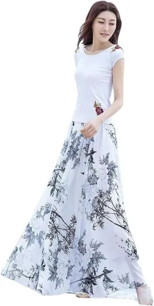 Women's Long Boho Skirts Summer Beach Floral Chiffon Skirt Vintage A-Line Maxi Pleated Skirt Plus Size