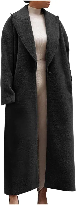 Womens Long Pea Coats Wool Blend Ankle Length Business Casual Trench Coats Long Sleeve Open Front Dressy Jackets