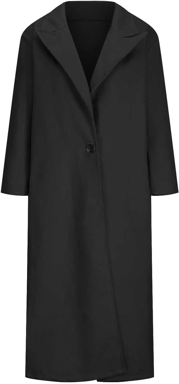 Womens Long Pea Coats Wool Blend Ankle Length Business Casual Trench Coats Long Sleeve Open Front Dressy Jackets