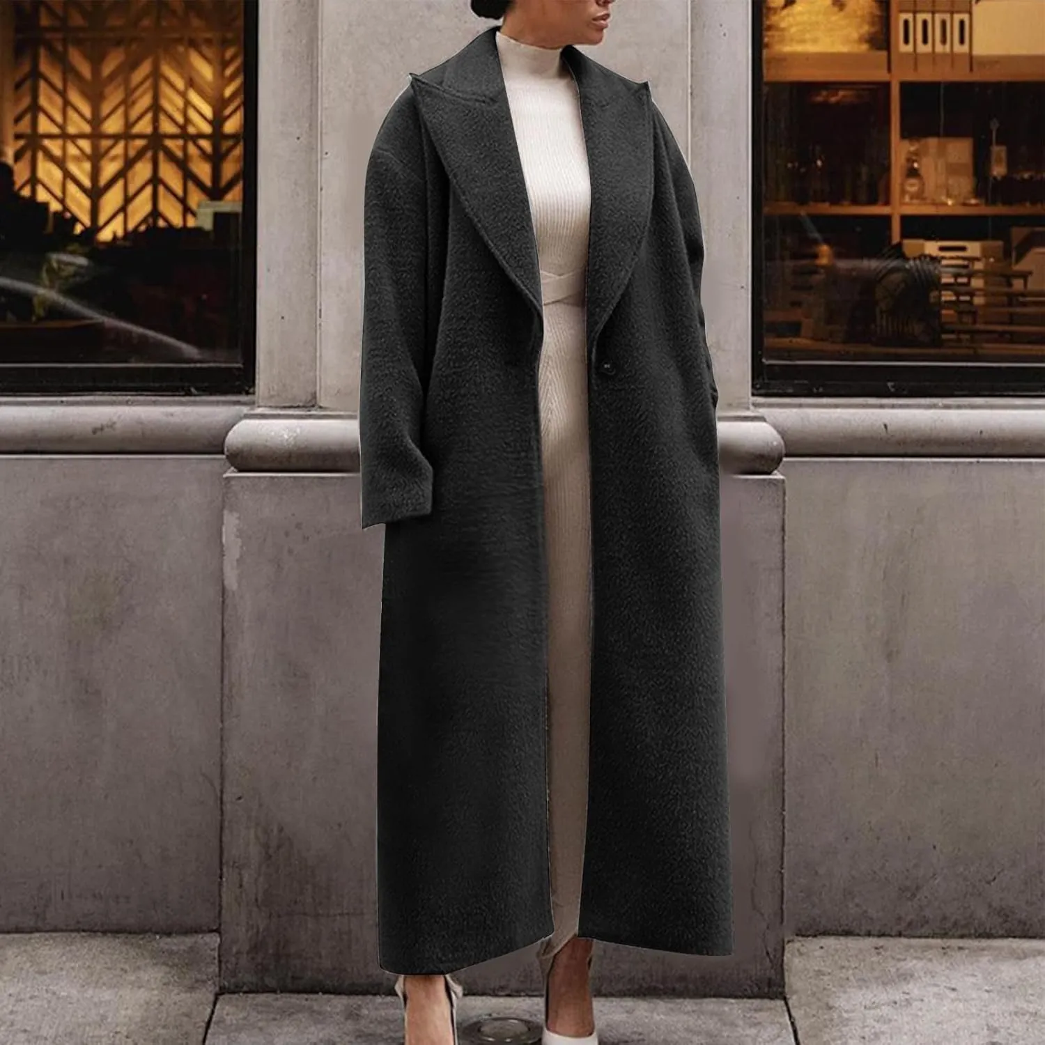 Womens Long Pea Coats Wool Blend Ankle Length Business Casual Trench Coats Long Sleeve Open Front Dressy Jackets