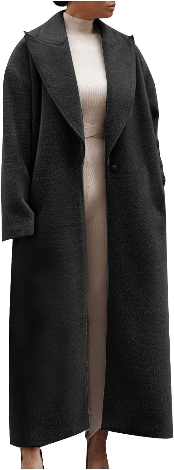 Womens Long Pea Coats Wool Blend Ankle Length Business Casual Trench Coats Long Sleeve Open Front Dressy Jackets