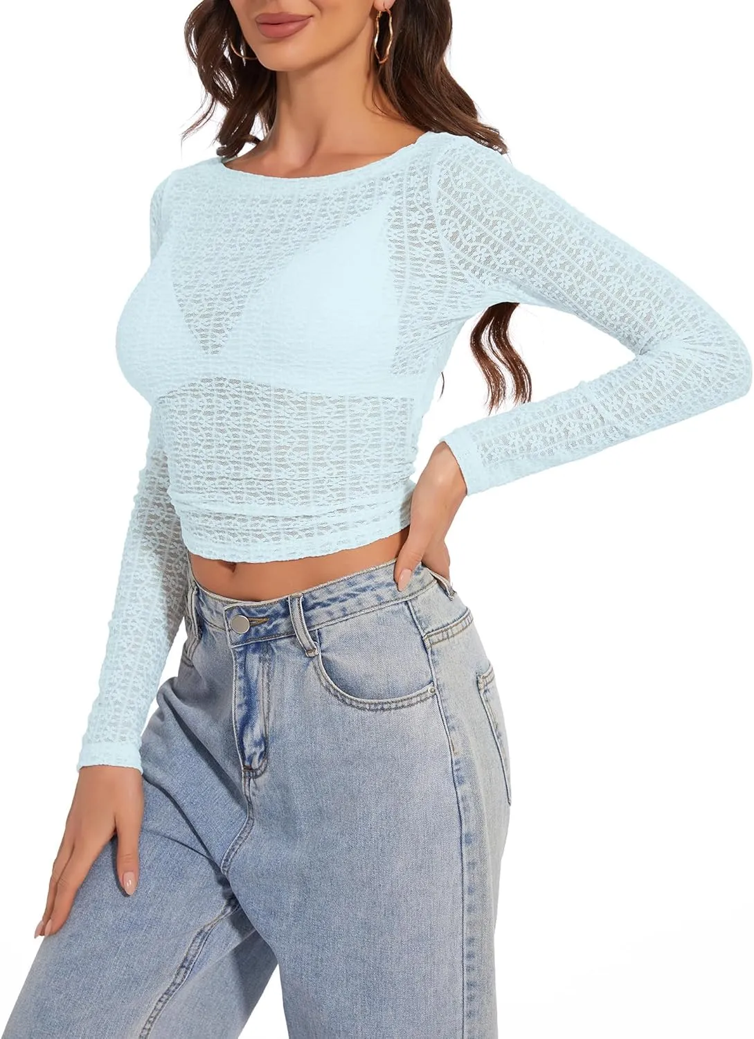 Women's Long Sleeve Crewneck Cut Out Back Lace T Shirts Sexy Mesh Slim Fit Y2k Going Out Crop Tops Streetwear