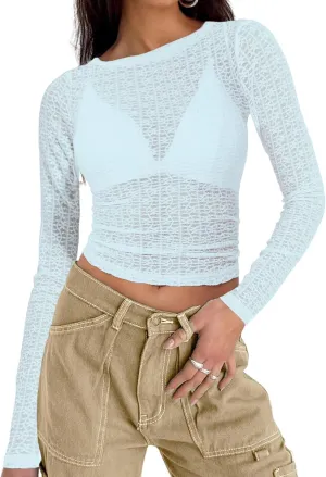 Women's Long Sleeve Crewneck Cut Out Back Lace T Shirts Sexy Mesh Slim Fit Y2k Going Out Crop Tops Streetwear