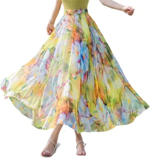 Women's Maxi Silk Chiffon Long Skirt Floral Pattern