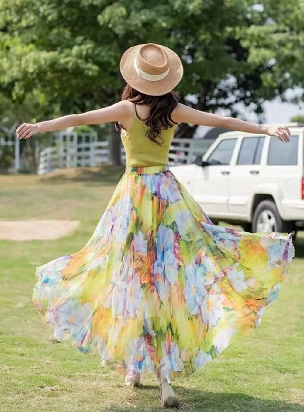 Women's Maxi Silk Chiffon Long Skirt Floral Pattern