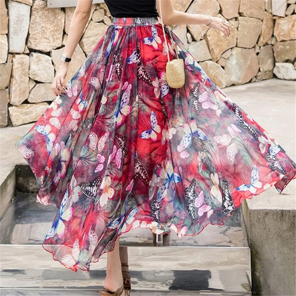 Women's Maxi Silk Chiffon Long Skirt Floral Pattern