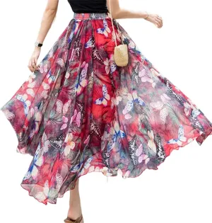 Women's Maxi Silk Chiffon Long Skirt Floral Pattern