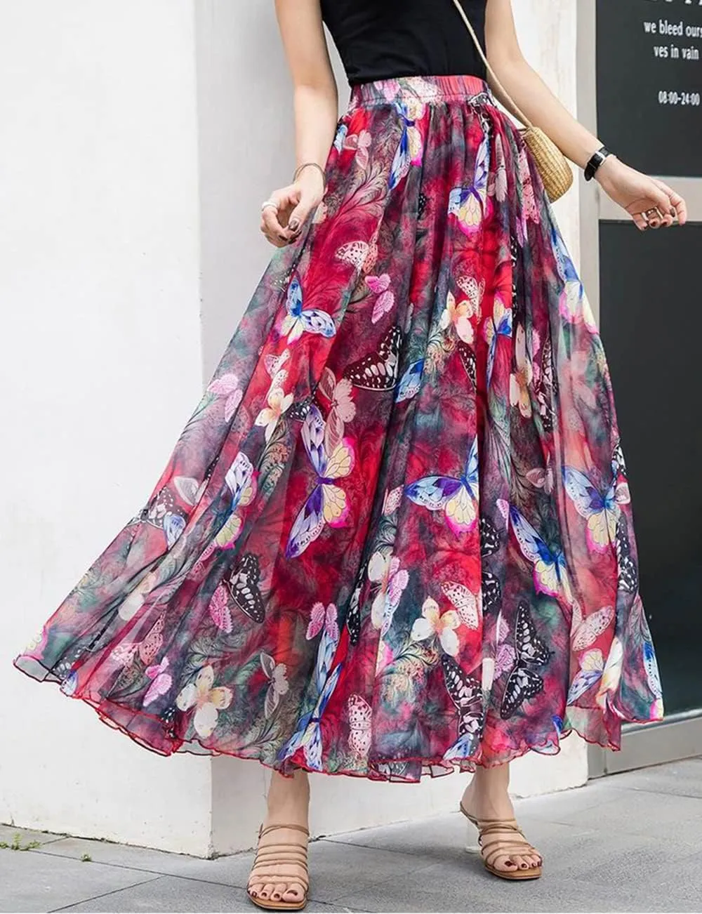 Women's Maxi Silk Chiffon Long Skirt Floral Pattern