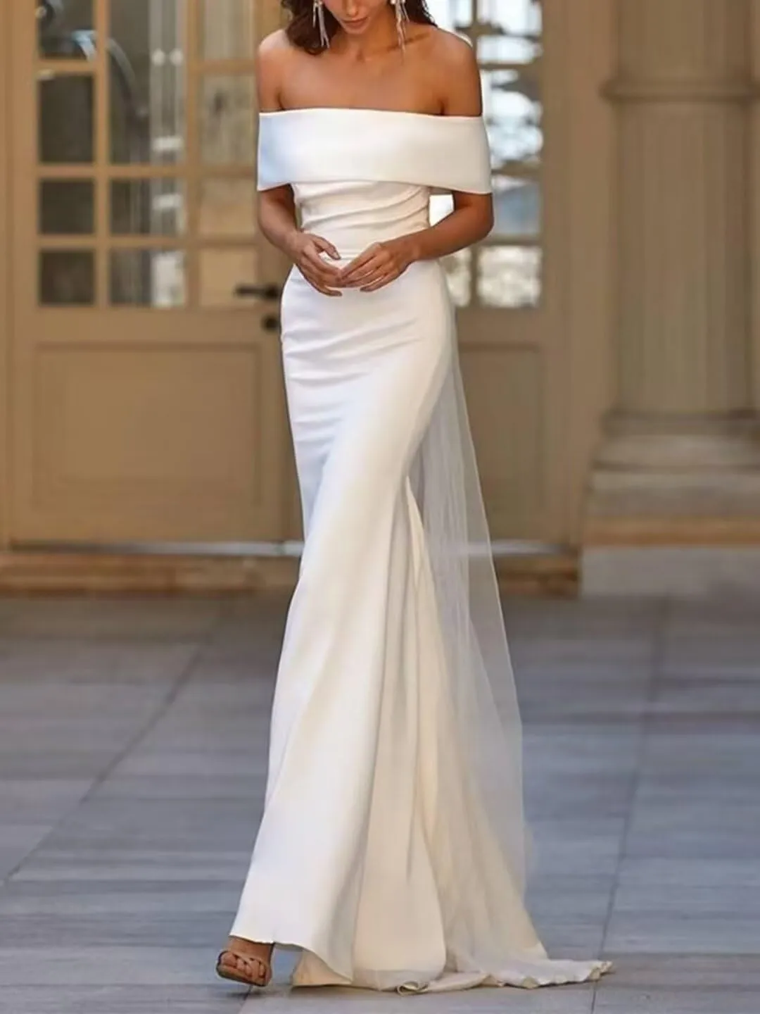 Women's Mermaid Satin Wedding Dress for Bride Off The Shoulder Sweetheart Floor Length Wedding Gown for Women