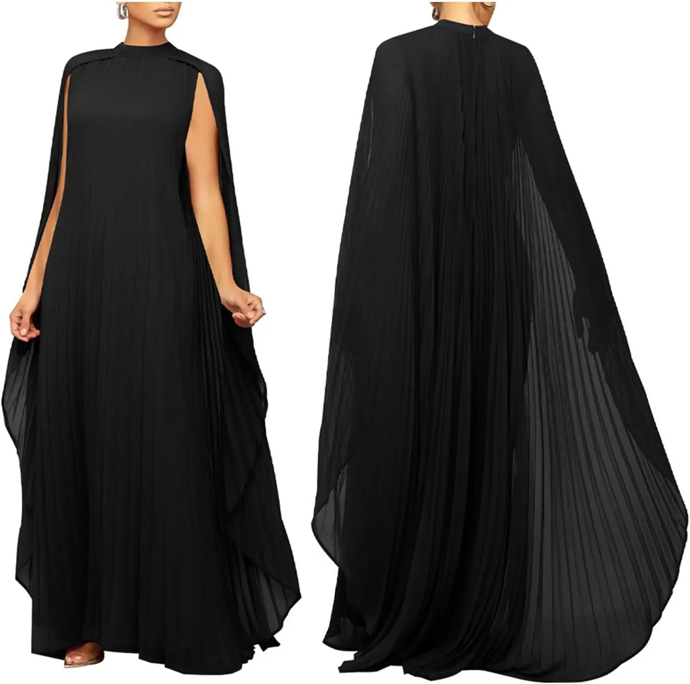 Womens Mock Neck Cloak Sleeve Pleated Flowy Party Maxi Dress Wedding Guest Dresses