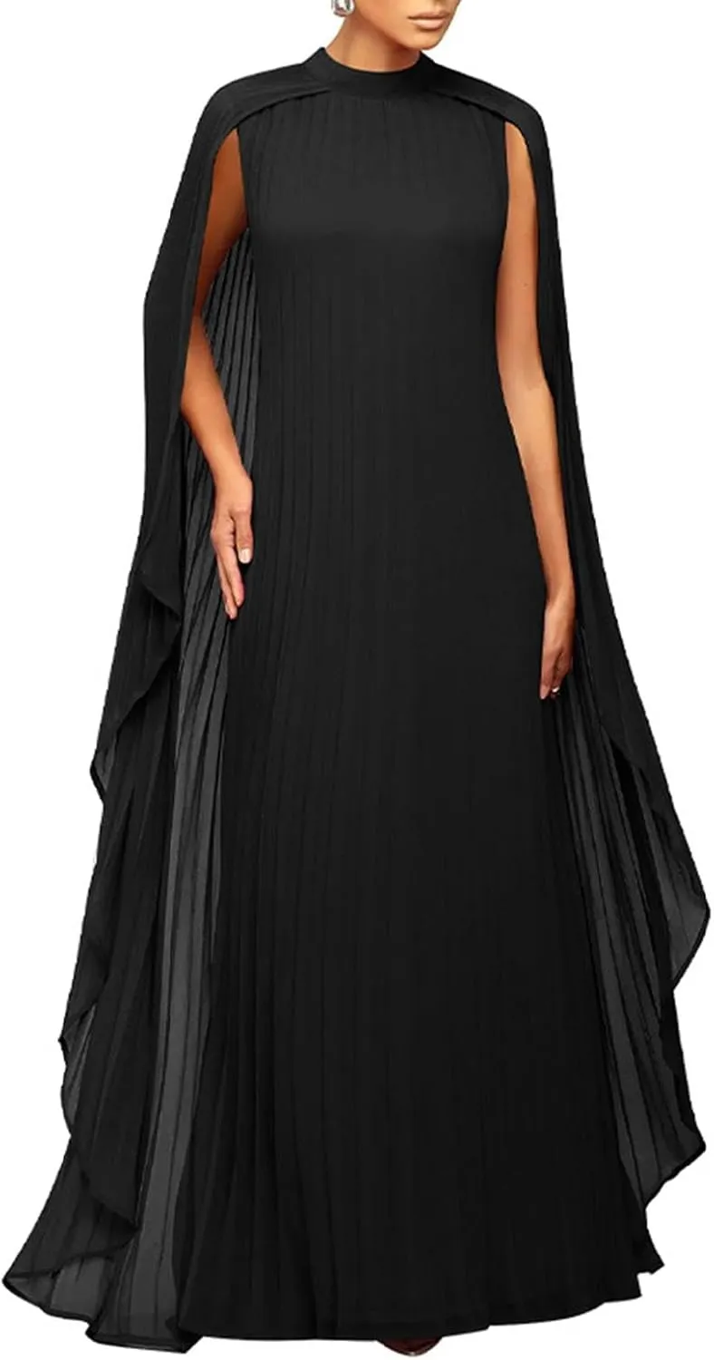 Womens Mock Neck Cloak Sleeve Pleated Flowy Party Maxi Dress Wedding Guest Dresses