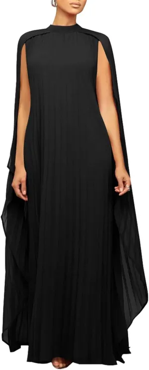 Womens Mock Neck Cloak Sleeve Pleated Flowy Party Maxi Dress Wedding Guest Dresses