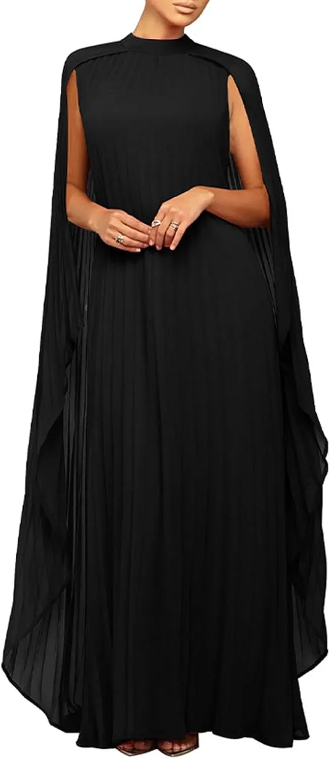 Womens Mock Neck Cloak Sleeve Pleated Flowy Party Maxi Dress Wedding Guest Dresses