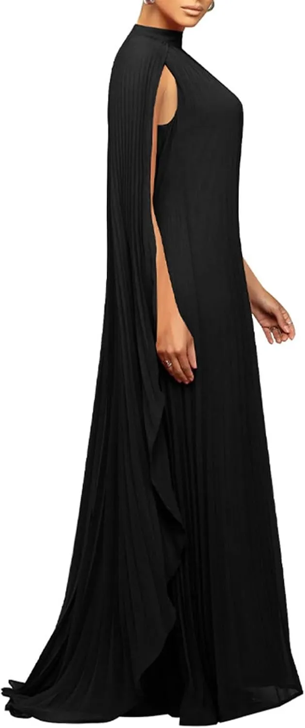 Womens Mock Neck Cloak Sleeve Pleated Flowy Party Maxi Dress Wedding Guest Dresses
