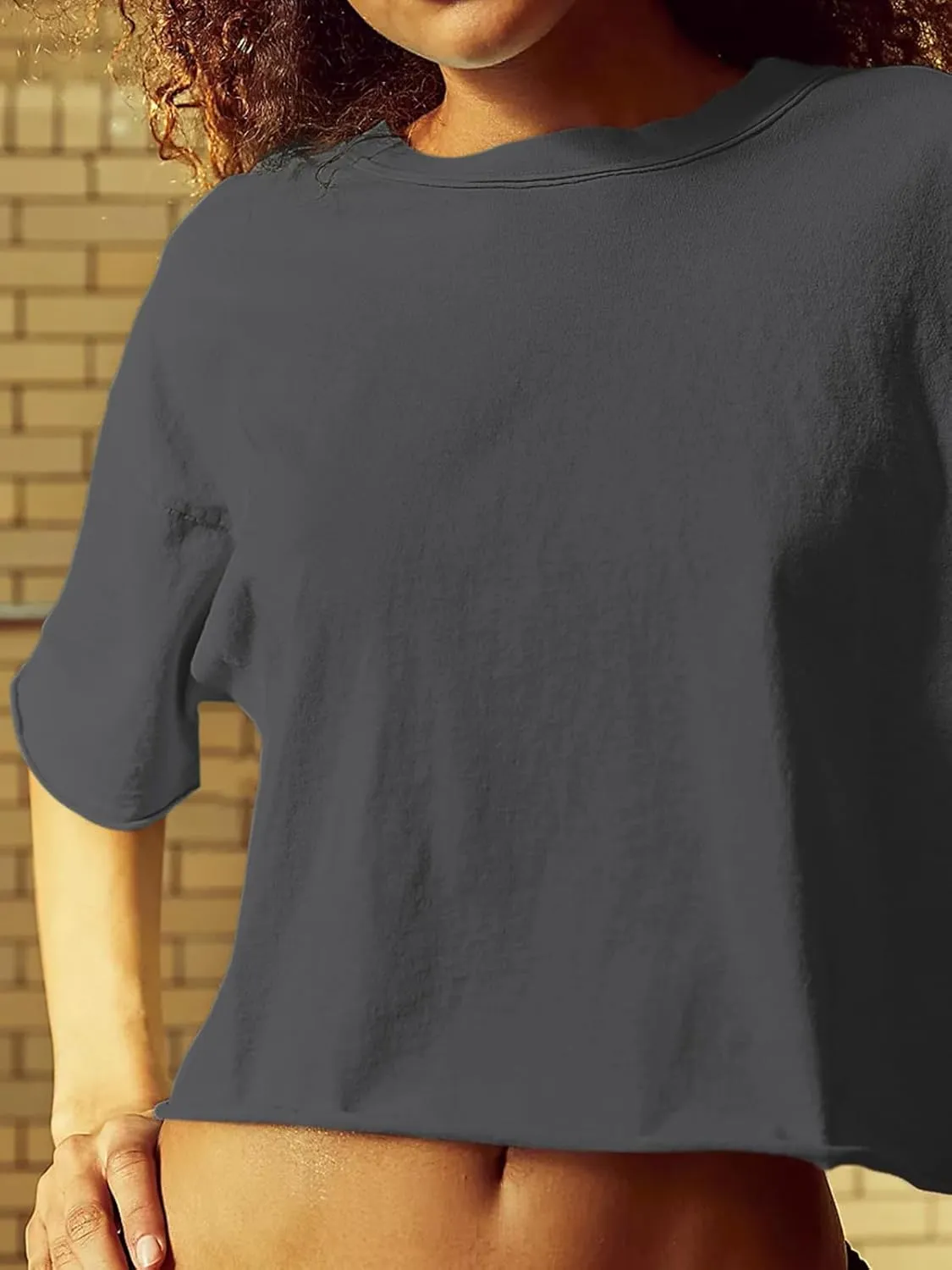 Women's Oversize Workout Crop Tops Short Sleeve Crewneck Drop Shoulder Boxy T Shirts Summer Casual Solid Basic Tees