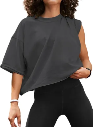 Women's Oversize Workout Crop Tops Short Sleeve Crewneck Drop Shoulder Boxy T Shirts Summer Casual Solid Basic Tees