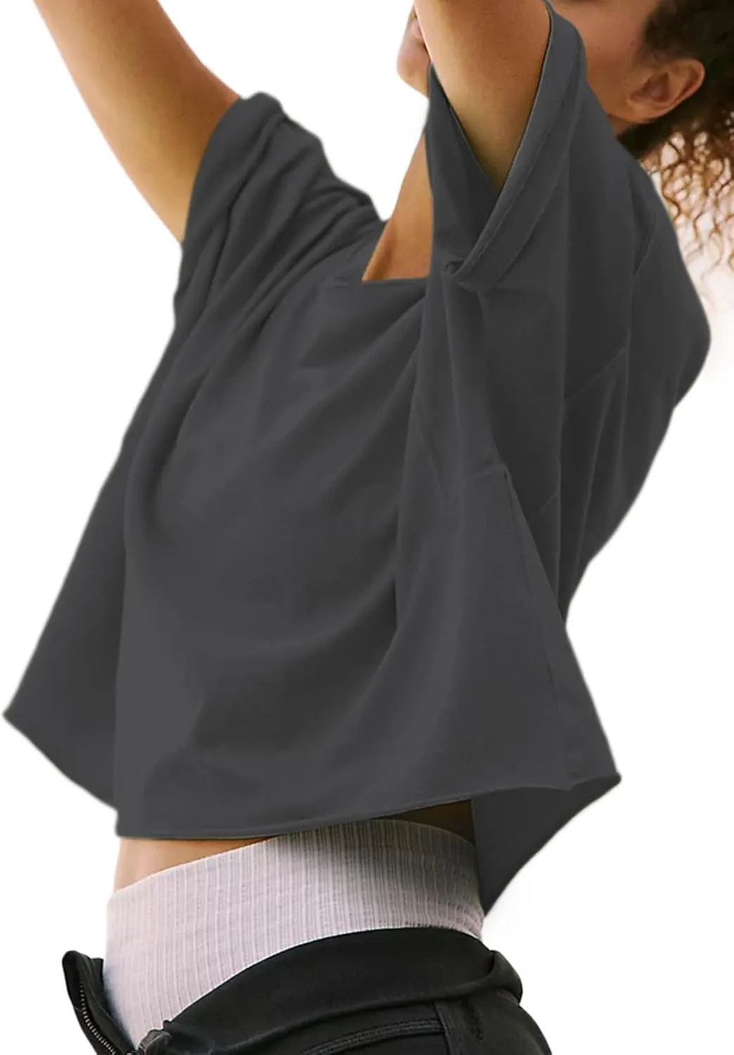 Women's Oversize Workout Crop Tops Short Sleeve Crewneck Drop Shoulder Boxy T Shirts Summer Casual Solid Basic Tees