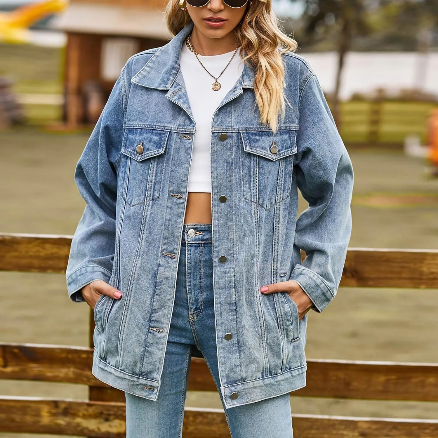 Women's Oversized Denim Jacket Dressy Casual Jean Coats Loose Boyfriend Distressed Jean Jackets Autumn Spring Outwear