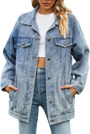 Women's Oversized Denim Jacket Dressy Casual Jean Coats Loose Boyfriend Distressed Jean Jackets Autumn Spring Outwear