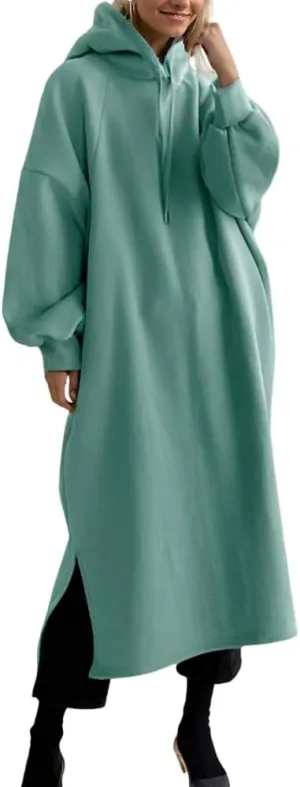 Women's Oversized Lantern Long Sleeve Pullover Hoodie Plus Size Split Hem Hooded Sweatshirt Maxi Dress with 2 Pockets