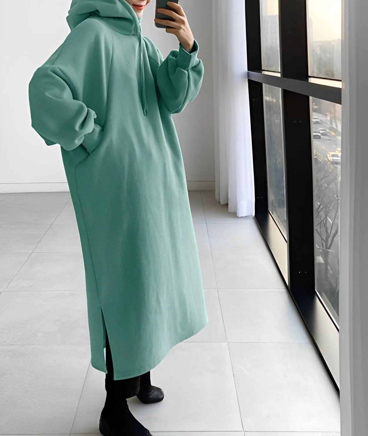 Women's Oversized Lantern Long Sleeve Pullover Hoodie Plus Size Split Hem Hooded Sweatshirt Maxi Dress with 2 Pockets
