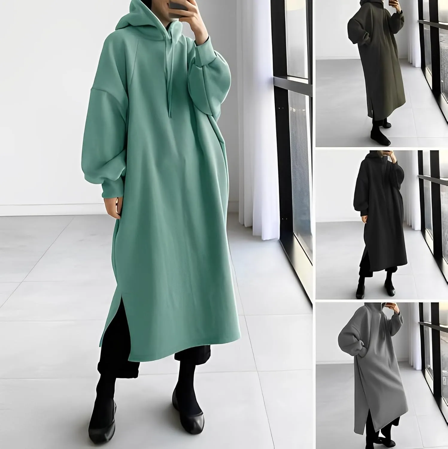 Women's Oversized Lantern Long Sleeve Pullover Hoodie Plus Size Split Hem Hooded Sweatshirt Maxi Dress with 2 Pockets