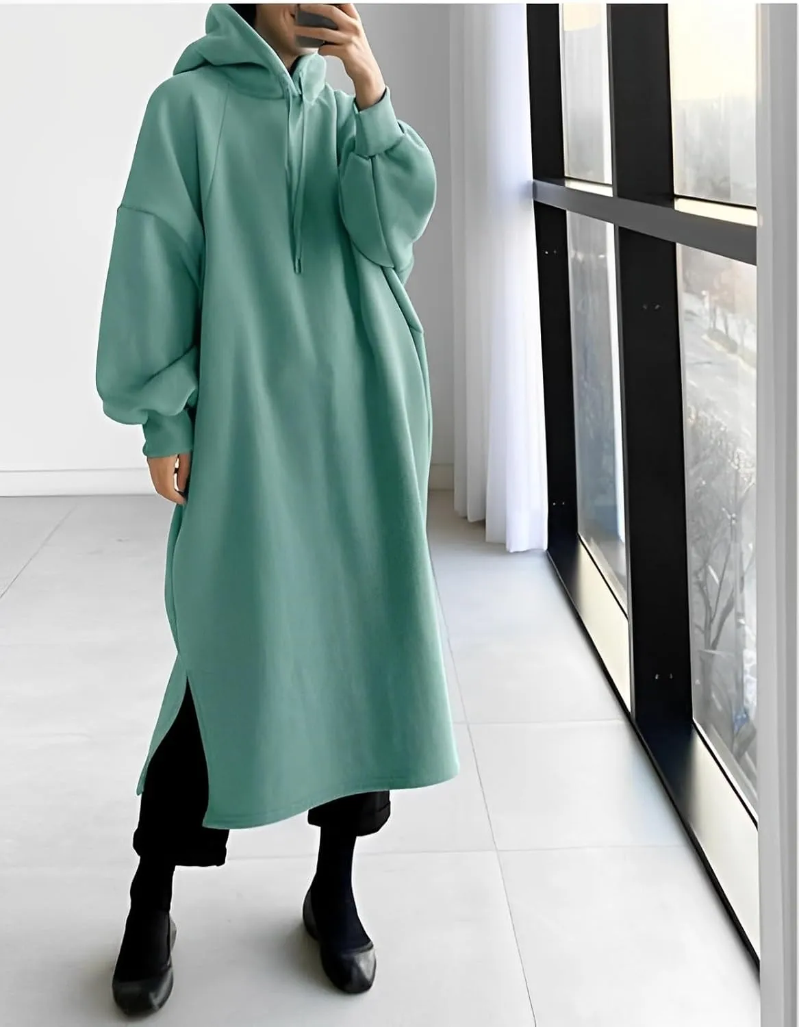 Women's Oversized Lantern Long Sleeve Pullover Hoodie Plus Size Split Hem Hooded Sweatshirt Maxi Dress with 2 Pockets