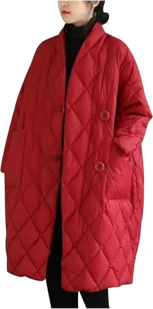 Women's Oversized Padded Puffer Quilted Jackets Button Up Lightweight Warm Padding Down Long Overcoats with Pockets