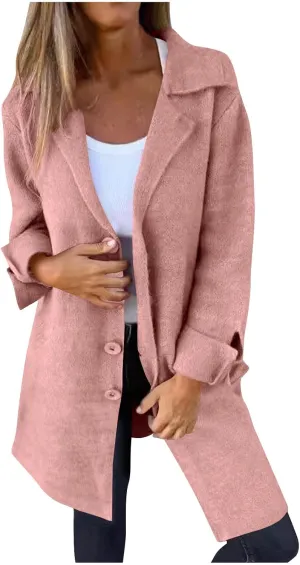 Womens Pea Coat 2024 Fall Winter Woolen Blend Button Down Trench Coat with Pockets Dressy Casual Lapel Trench Coats