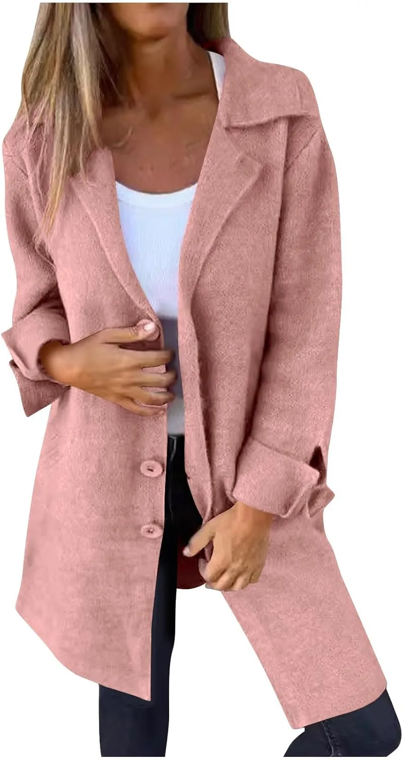 Womens Pea Coat 2024 Fall Winter Woolen Blend Button Down Trench Coat with Pockets Dressy Casual Lapel Trench Coats