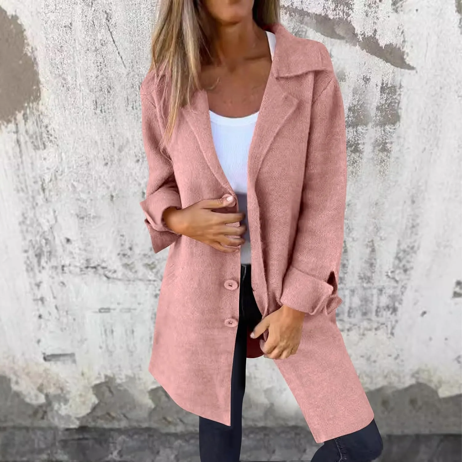 Womens Pea Coat 2024 Fall Winter Woolen Blend Button Down Trench Coat with Pockets Dressy Casual Lapel Trench Coats