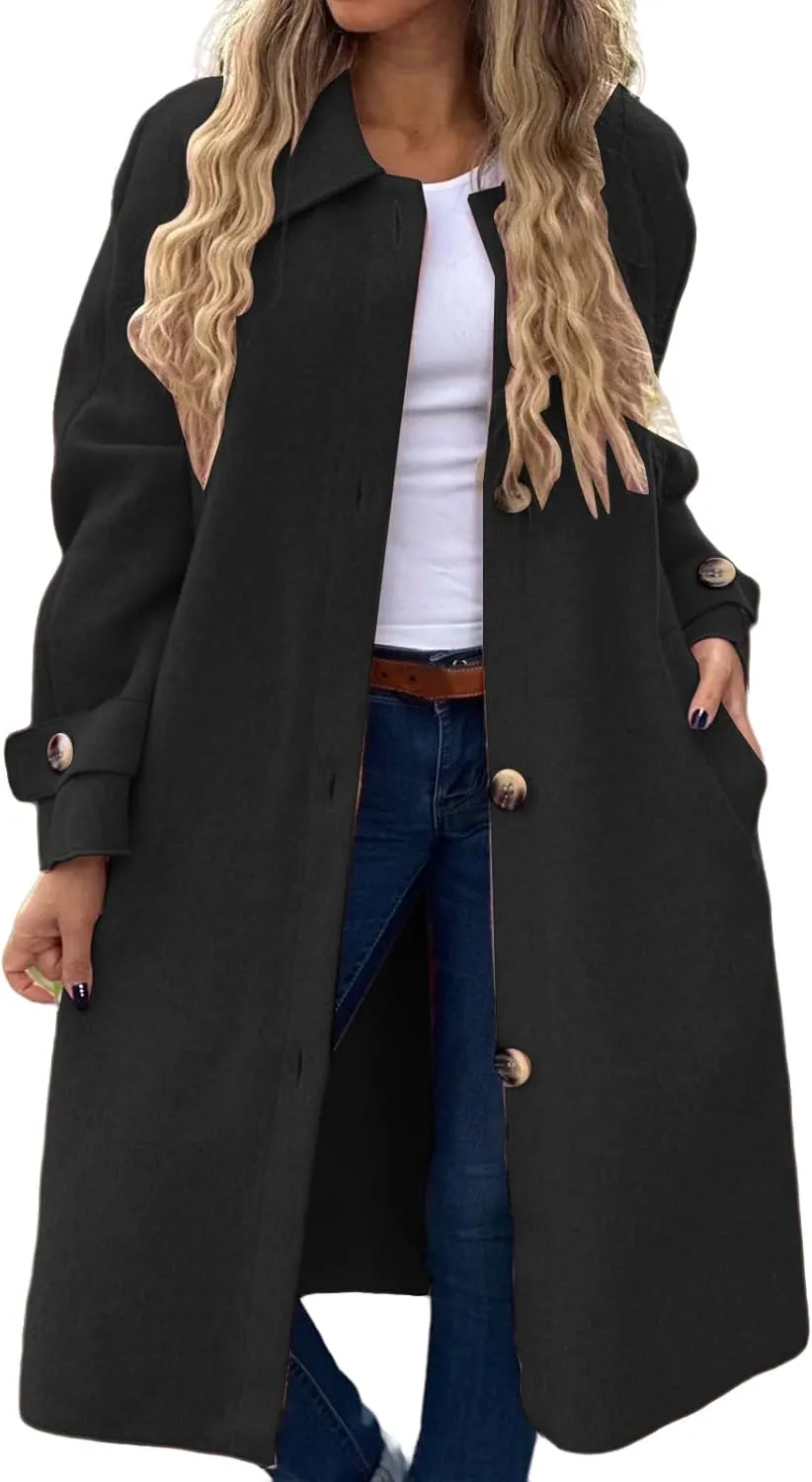 Womens Pea Coat Wool Blend Long Trench Coat Single Breasted Lapel Collar Peacoat Fall Winter Elegant Outerwear