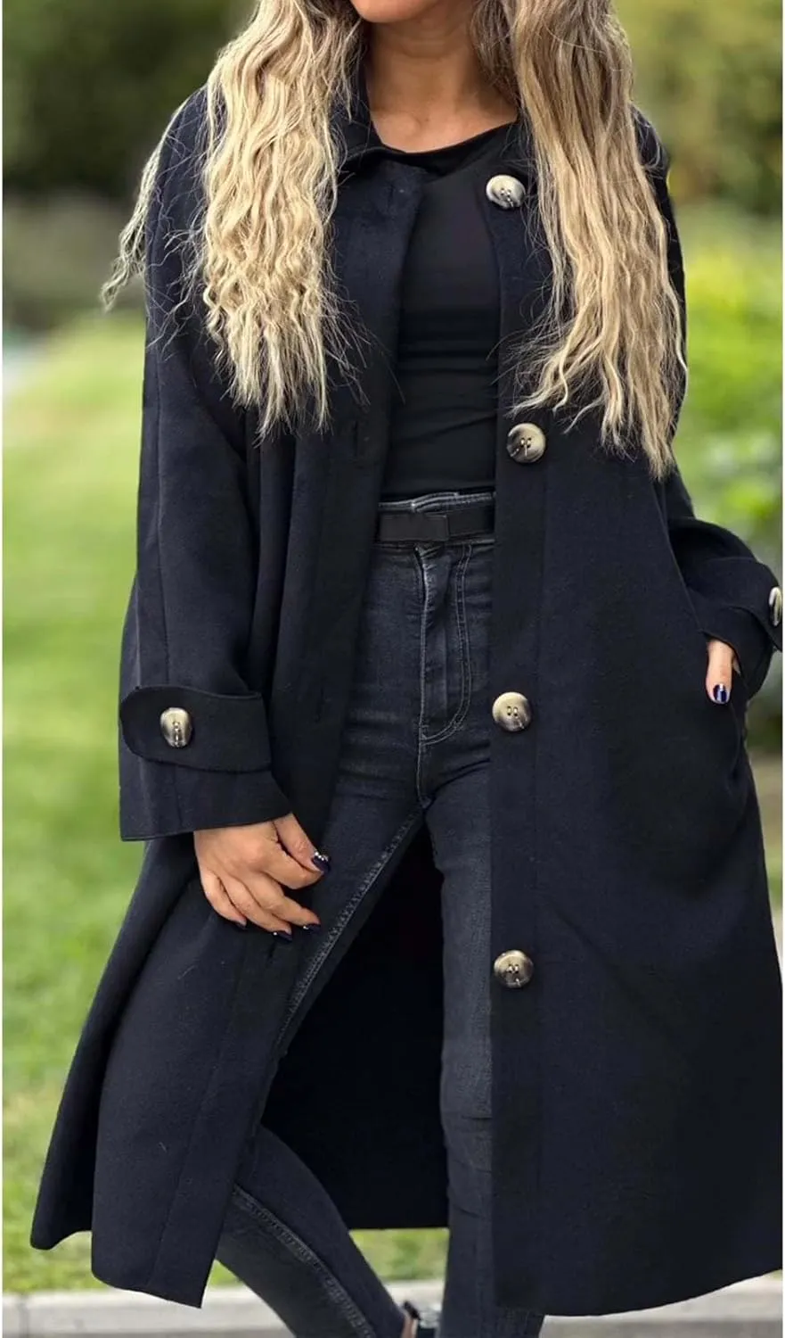 Womens Pea Coat Wool Blend Long Trench Coat Single Breasted Lapel Collar Peacoat Fall Winter Elegant Outerwear