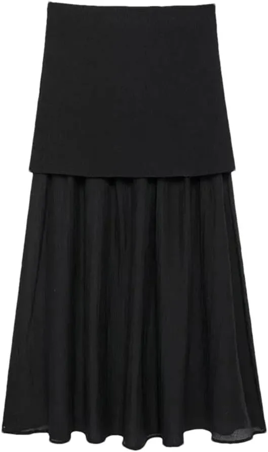 Women's Pleated Knit Skirt Elastic High Waist Midi A Line Skirt Basic Office Elegant Casual Skirt
