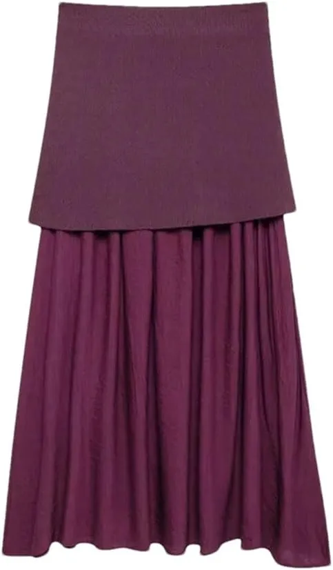 Women's Pleated Knit Skirt Elastic High Waist Midi A Line Skirt Basic Office Elegant Casual Skirt