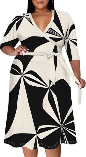 Women's Plus Size Maxi Dress Print 3/4 Sleeves V Neck Party Sundress Wedding Guest Dresses