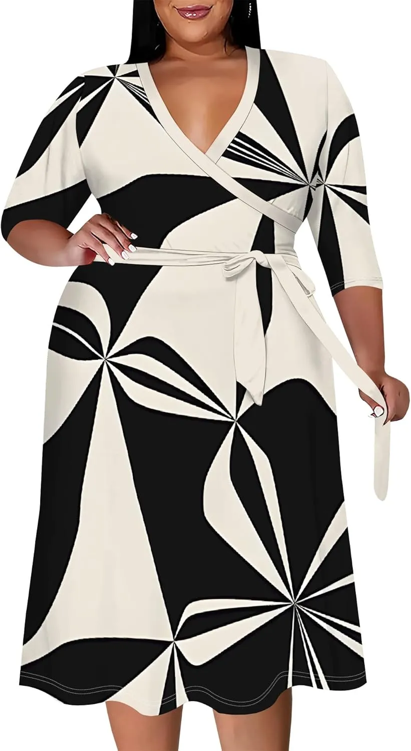 Women's Plus Size Maxi Dress Print 3/4 Sleeves V Neck Party Sundress Wedding Guest Dresses
