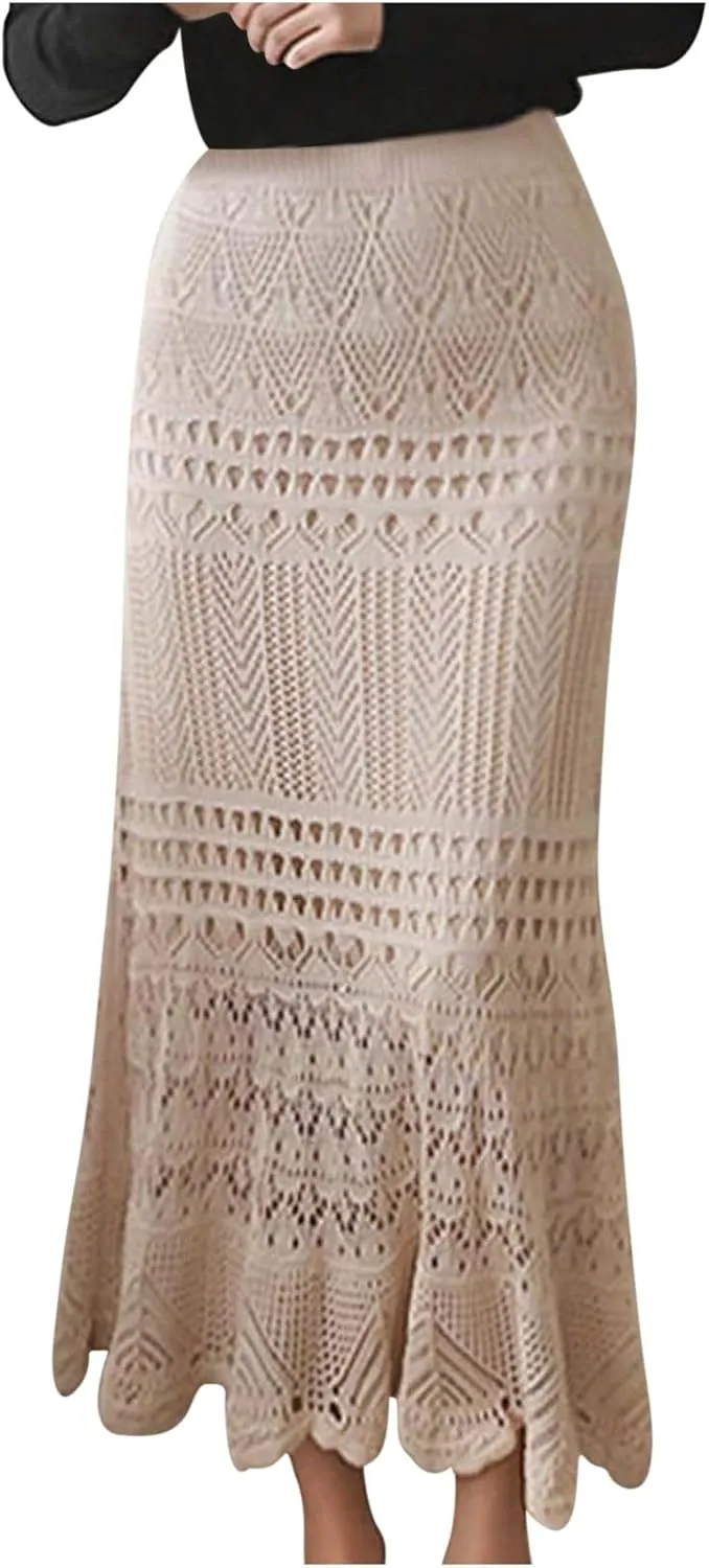 Women's Plus Size Stretched High Waist Crochet Hollow Out Knit Flowy Patterned Lace Maxi Skirt Mermaid Skirts