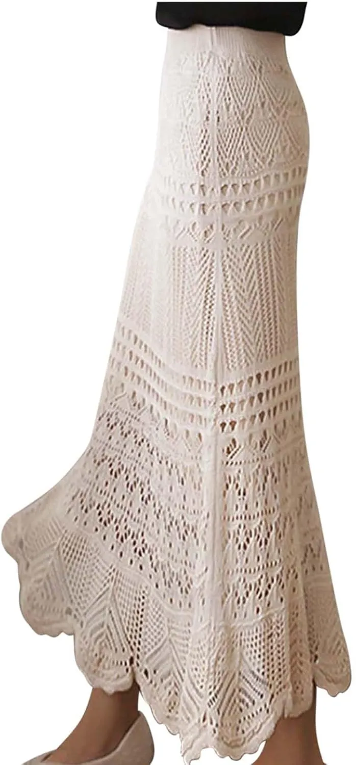 Women's Plus Size Stretched High Waist Crochet Hollow Out Knit Flowy Patterned Lace Maxi Skirt Mermaid Skirts