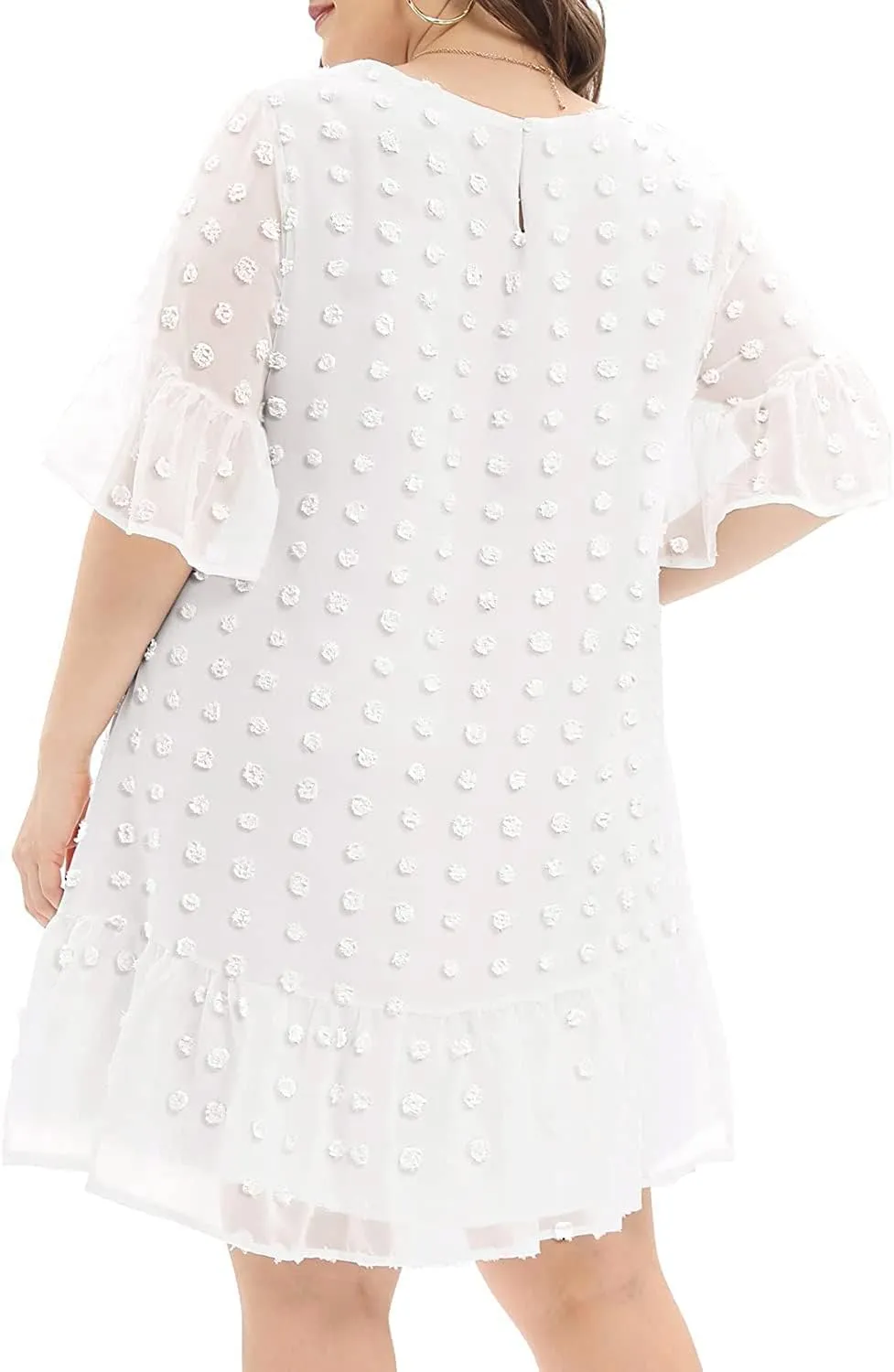 Women's Plus Size Swiss Dot Short Sleeve Ruffle Cute Summer Chiffon Loose Flowy Shift Mini Dress