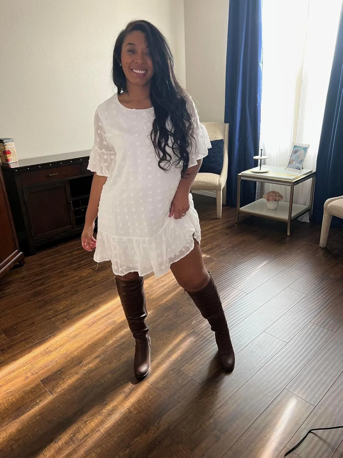 Women's Plus Size Swiss Dot Short Sleeve Ruffle Cute Summer Chiffon Loose Flowy Shift Mini Dress
