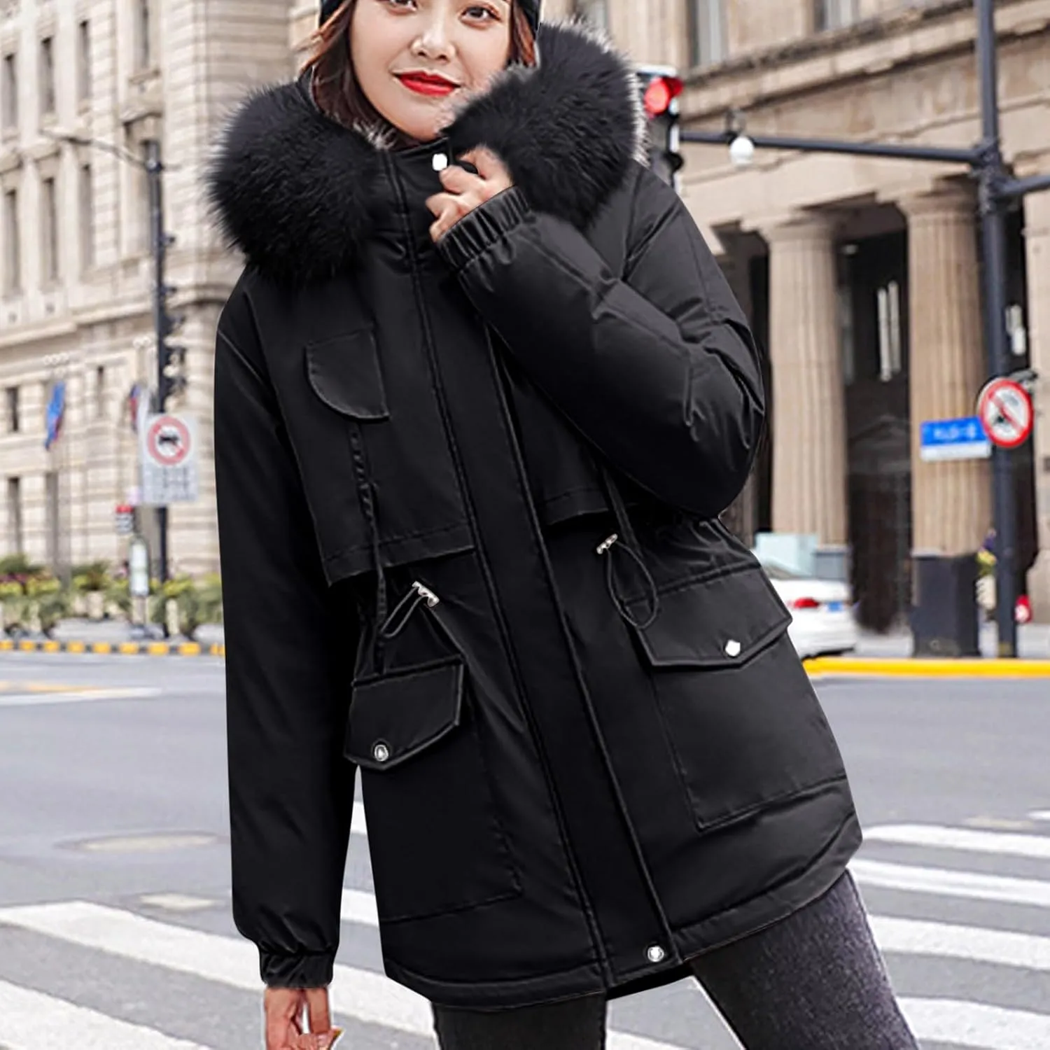 Womens Plus Size Winter Coats Faux Fur Hooded Baggy Outerwear Puffer Jackets Lightweight Quilted Down Jacket Parkas