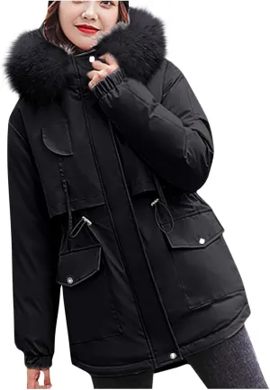 Womens Plus Size Winter Coats Faux Fur Hooded Baggy Outerwear Puffer Jackets Lightweight Quilted Down Jacket Parkas