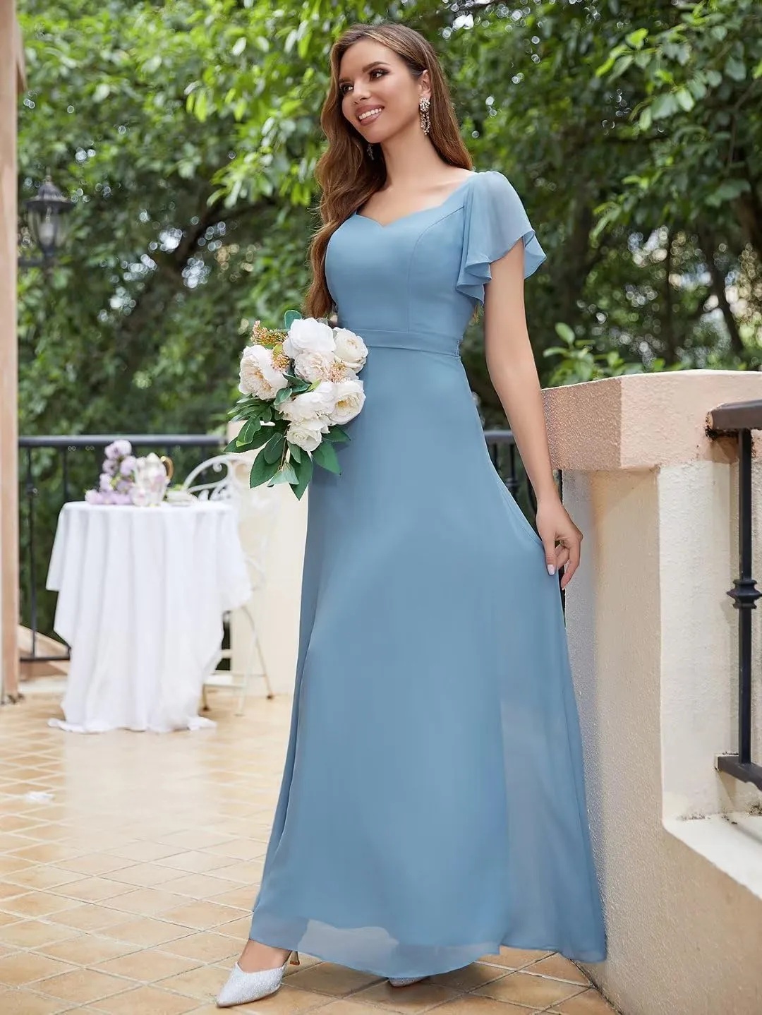 Women's Puffy Sleeve Bridesmaid Dresses Long Chiffon V Neck A Line Formal Evening Party Dresses Backless